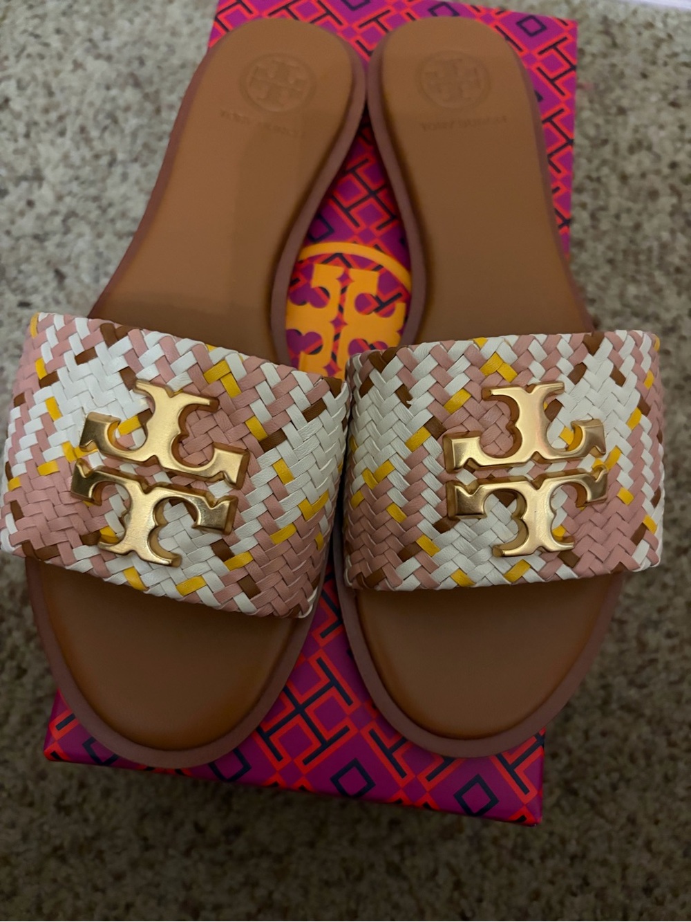 Tory Burch Pink, White & Yellow Woven Slide Sandals with Gold Logo Accent